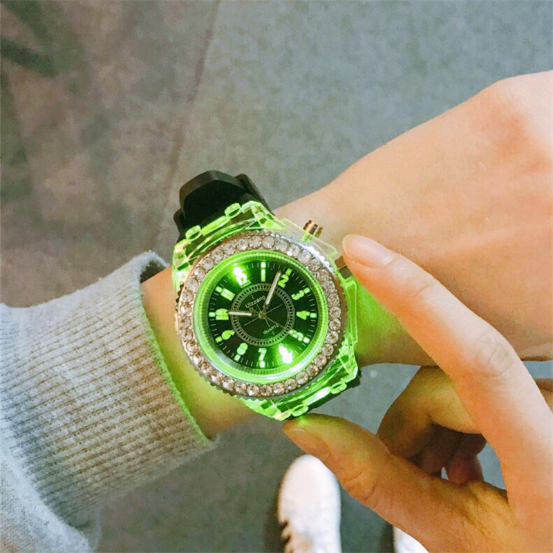 Luminous luminous personality rhinestone led Harajuku Korean fashion trend men and women students couple jelly quartz watch_voghion.com
