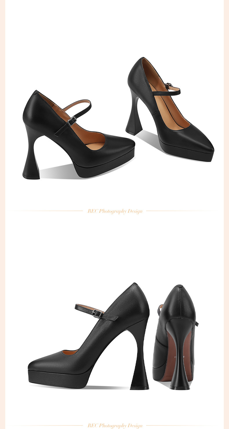 Giày sandal cao gót nữ mũi nhọn da thật, gót siêu cao 12 cm, quai một dây, đế platform, phong cách dạ tiệc — đen chi tiết 3