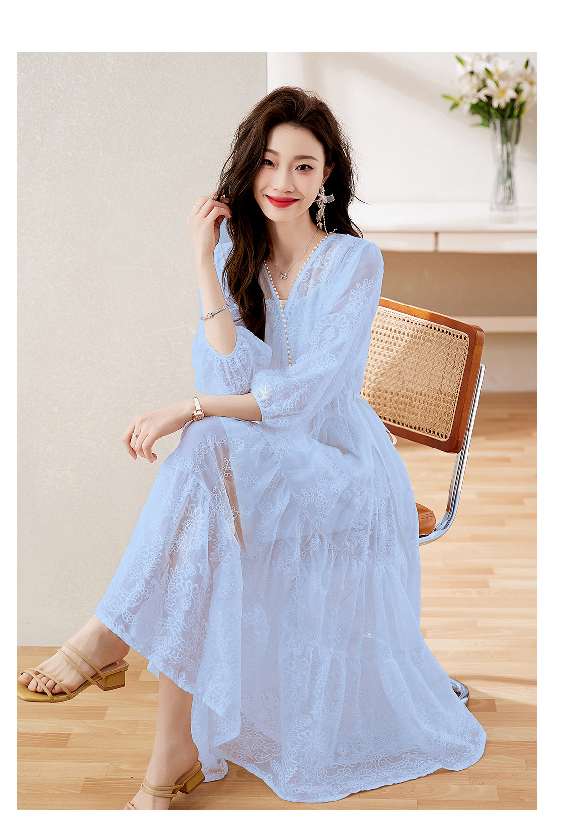 Đầm maxi nữ cổ V thắt eo dáng dài thanh lịch NY1608 — xanh lam, màu tím, màu vàng chi tiết 16
