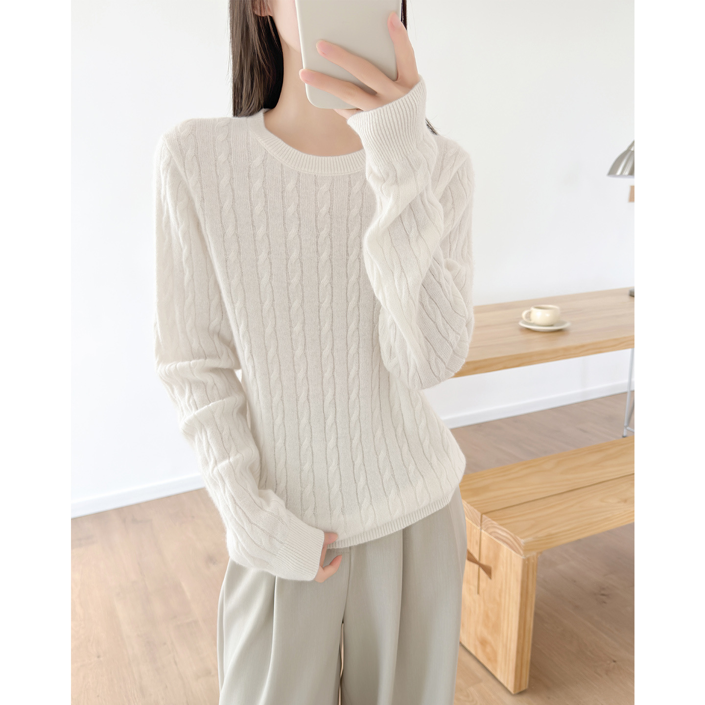 100% Pure Cashmere Sweater for Women, 2026 New Style, Loose Fit, Warm, Slimming Cable Knit Round Neck Base Layer, Autumn