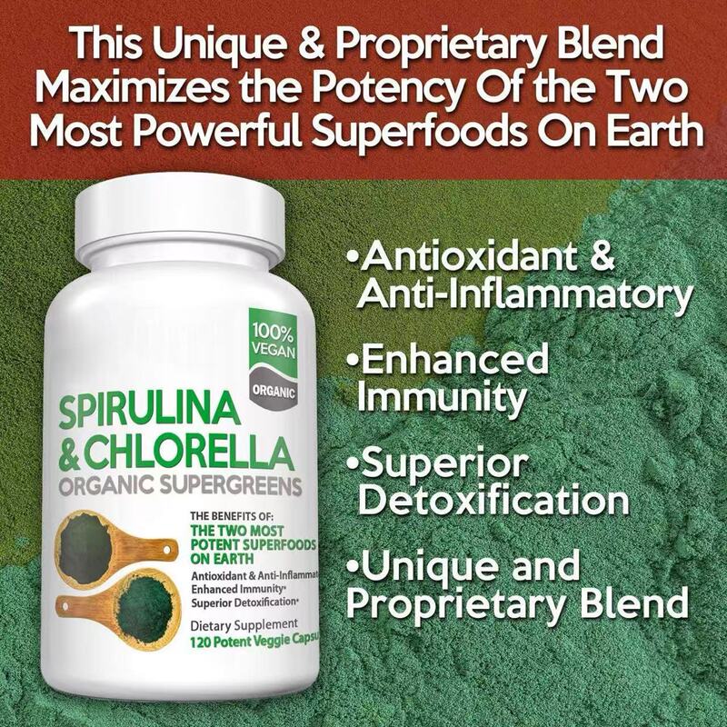 Cross-Border Supply of 120 Spirulina and Chlorella Chlorophyll Vegetarian Protein Powder Green Super Food Capsules