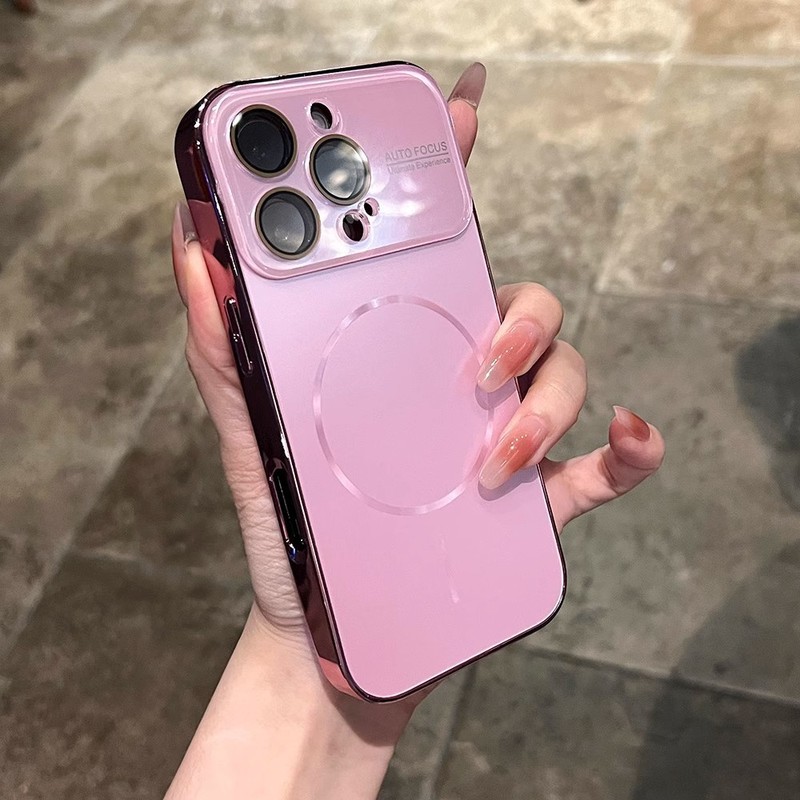 iPhone16promaxつや消しAG保護カバーに適した電気メッキオリジナルカラービッグウィンドウ細いサークル磁気携帯電話ケース|undefined