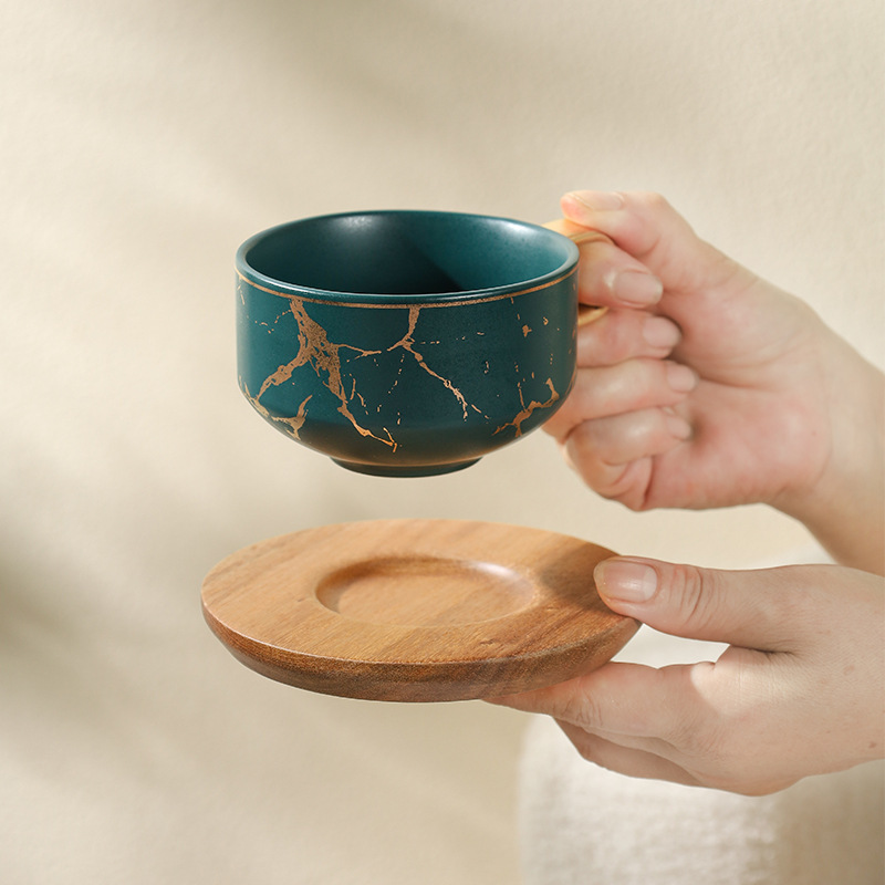 Juego de tazas y platillos de café de cerámica minimalista moderno, taza de mármol, taza de leche de desayuno para el hogar, taza y platillo creativos
