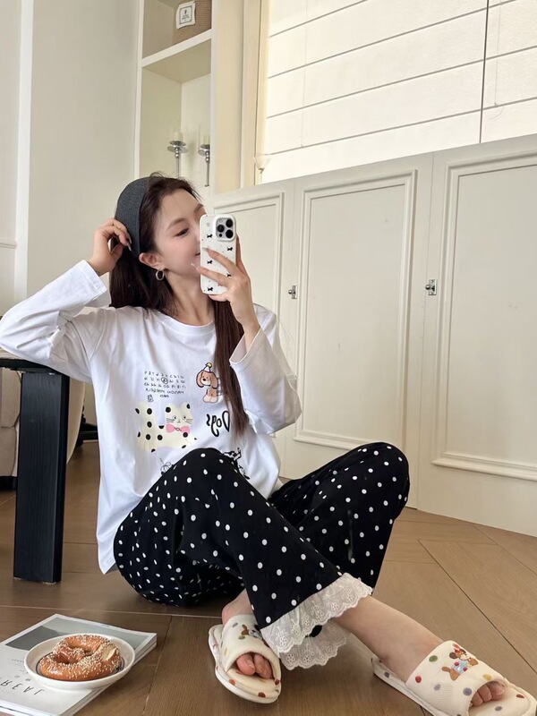 秋季新款ins少女时光蕾丝卡通冰瓷棉长袖甜美圆领休闲家居服套装|undefined