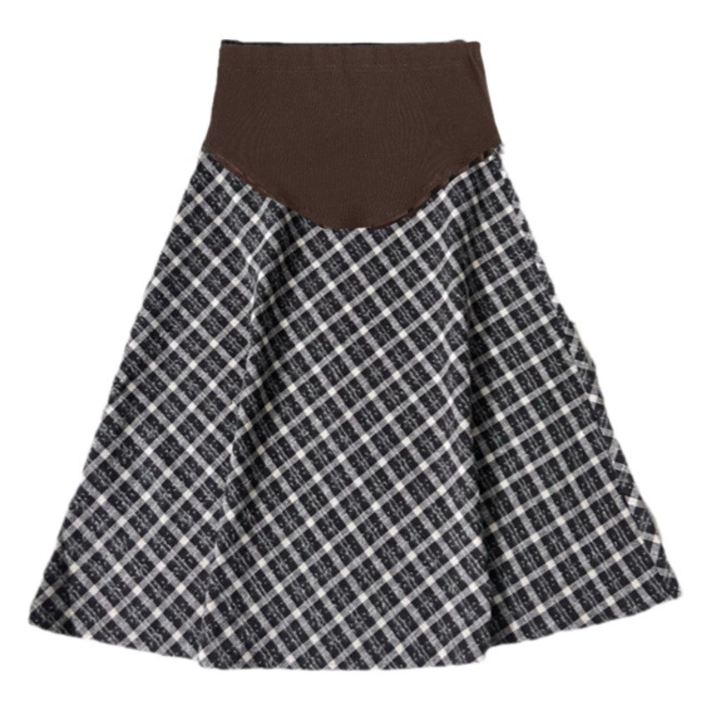 Зимняя юбка А-силуэта в клетку для беременных 2024 года с карманами с обеих сторон + юбка средней длины с начесом и поддержкой для живота