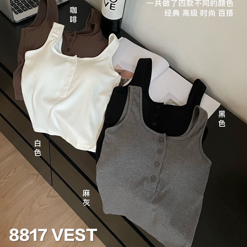 8817 # Autumn Ribbed Cotton Hot Girl Button Design Versatile Beautiful Back Camisole with Chest Pad for Outer Wear