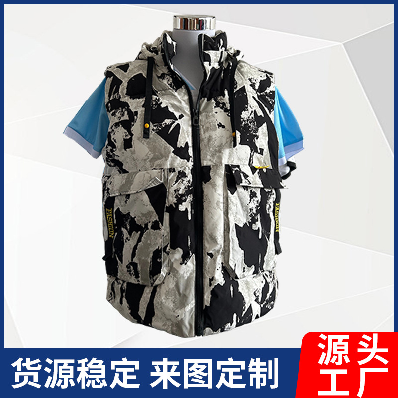 Direct from the manufacturer, autumn and winter ink camouflage hooded work vest for men, extra large, thickened, warm, export quality