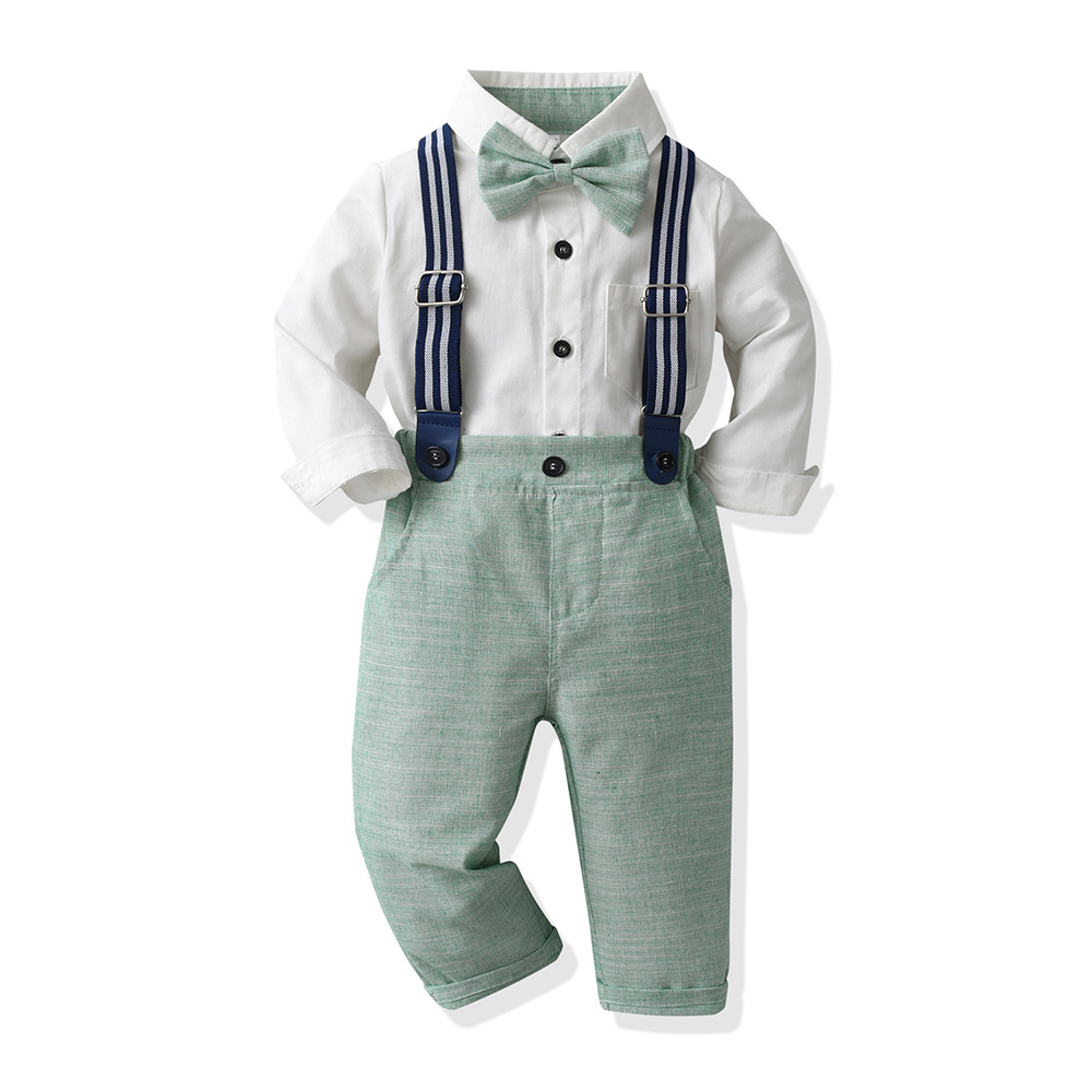 Versión coreana del traje de pajarita con correa para niños, cárdigan de algodón de manga larga de color sólido, estilo de otoño para hombres y bebés, nuevo traje de dos piezas al por mayor