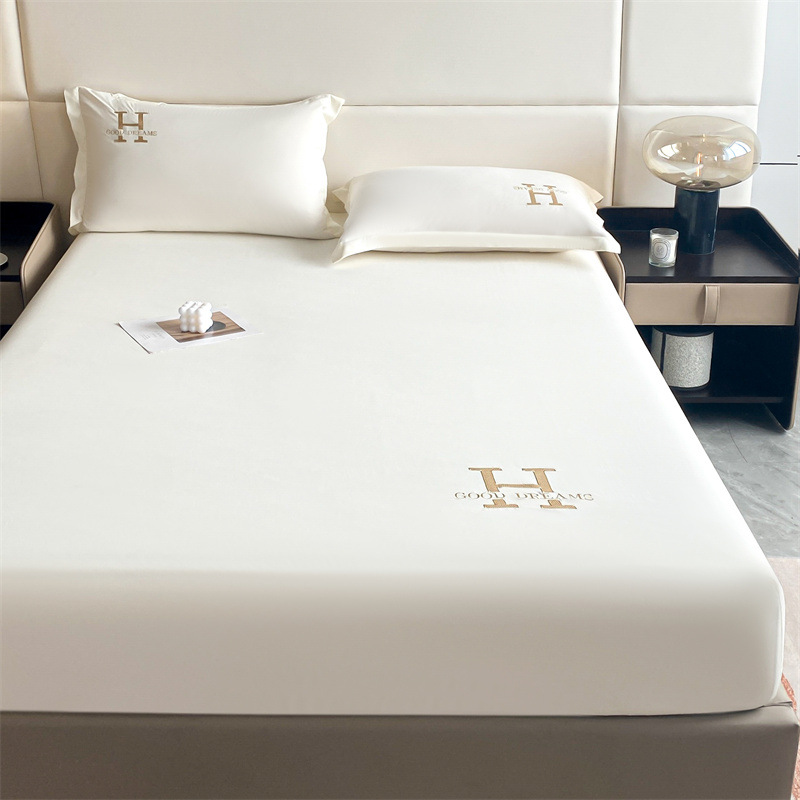 Foreign trade specifications new original Cotton solid color light luxury single layer waterproof fitted sheet H embroidered logo fashion mattress protective cover