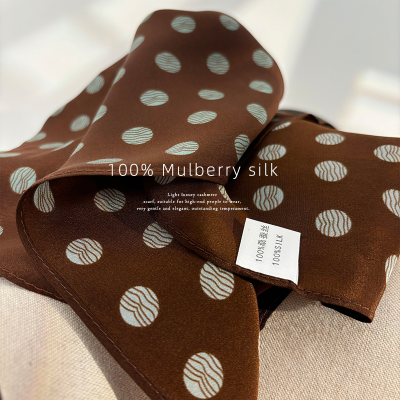 Retro Mocha Brown Silk Scarf Double Crepe Small Square Scarf 100% Mulberry Silk Luxury Neck Tie For Women Summer New Arrival