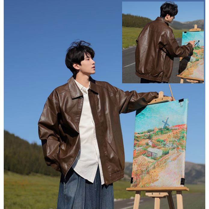 European and American street style loose motorcycle leather jacket men's trendy cool and high-end pilot PU leather jacket coat