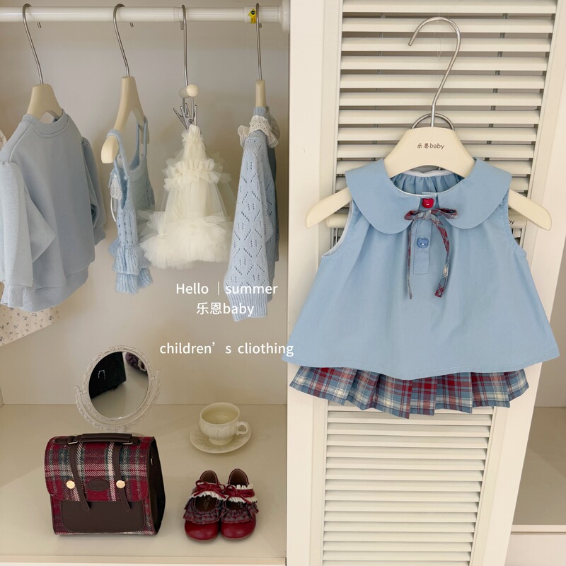 [Leen Children's Clothing] Original Design 2026 Summer Girls' Blue Vest Pleated Skirt Japanese School Style Set