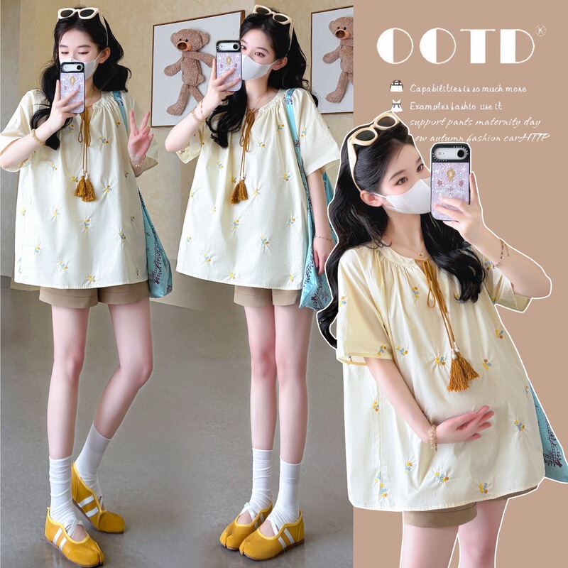 Xmf Puff Sleeve Short-Sleeved Shirt for Women Summer Loose Babydoll Shirt New Chinese Style Shirt Top Shorts Maternity Suit