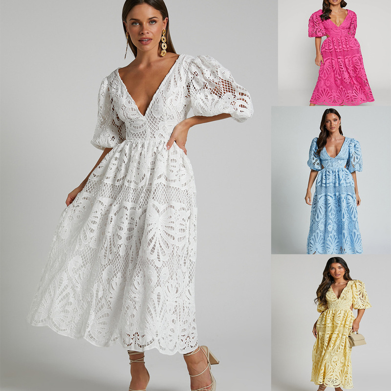 Cross-Border European and American Export Women's Cut Out Long Skirt 2025 Summer New V Neck Lace Embroider Sexy Waistless Dress