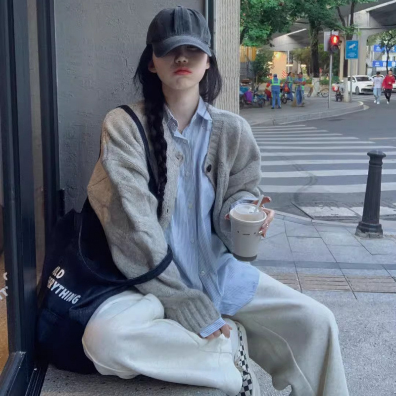 Korean Style Simple Gray Twist Knitwear Women's Cardigan Loose Spring & Fall Lazy Style 2025 New Knitwear Jacket