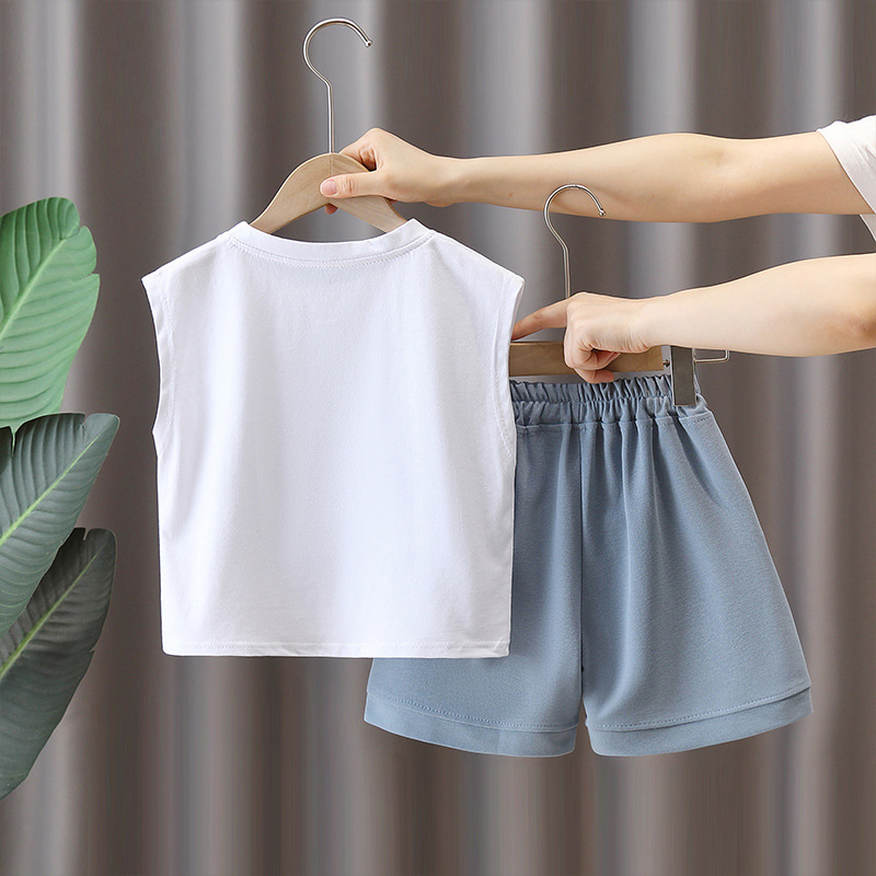 5687 traje sin mangas para niños 2025 nuevos pantalones cortos de chaleco con estampado de verano para niños de dos piezas para bebés de moda delgada