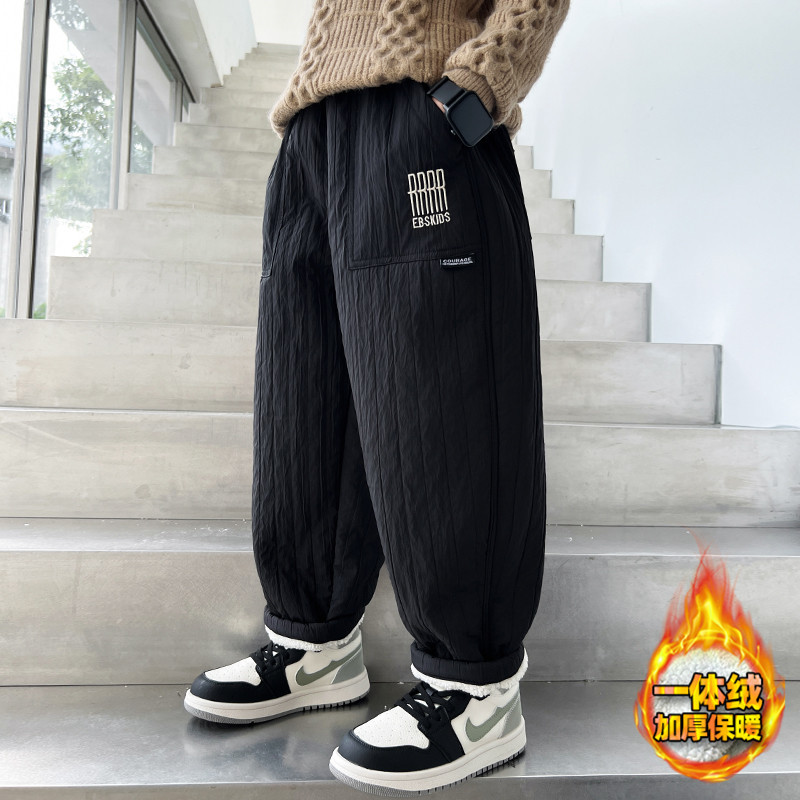 남학생 면 바지 가을과 겨울 바지 2024 새로운 대형 어린이 원피스 벨벳 윈터웨어 기모 두꺼운 따뜻한 서양식 트렌디