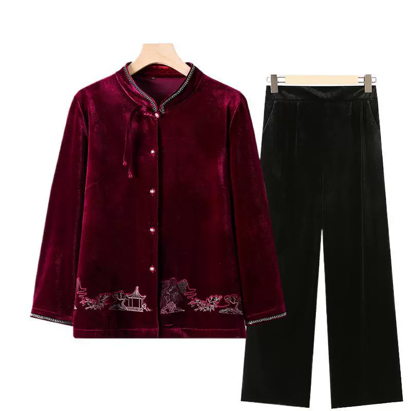 老太太金丝绒上衣妈妈秋装薄外套中老年人女装奶奶中国风两件套装