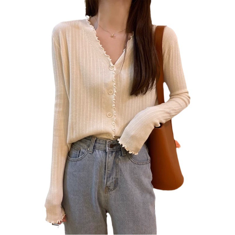 Свитер с V-образным вырезом женский кардиган тонкий весна и осень 2023 новый деревянный шаль с ушками с длинным рукавом пальто Топ женский