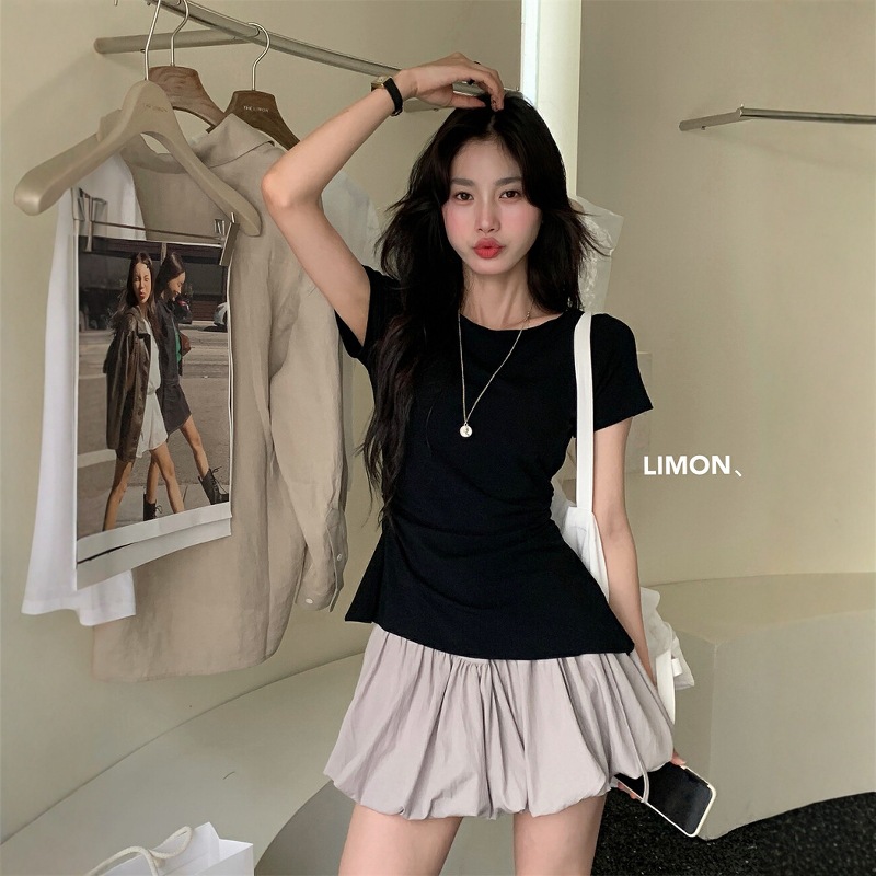 THE LIMON Lemon Green Tea Coreano Pure Wind Sin espalda Encaje Cintura Delgado Camiseta de manga corta Mujer