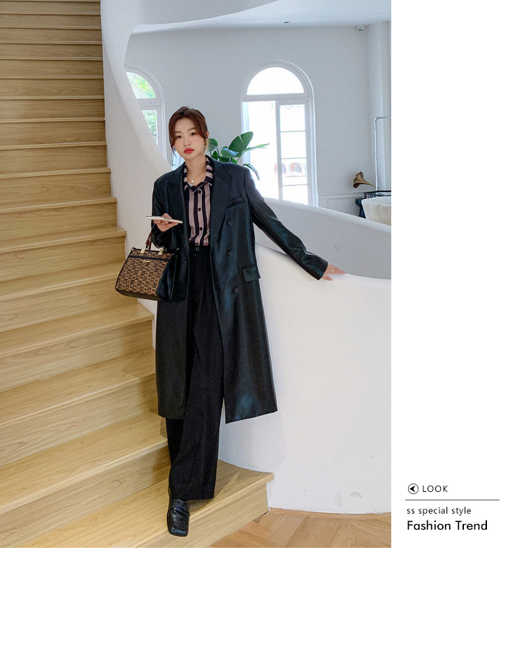 Women's Black Pu Leather Blazer Slim Fit Elegant Spring Coat_voghion.com