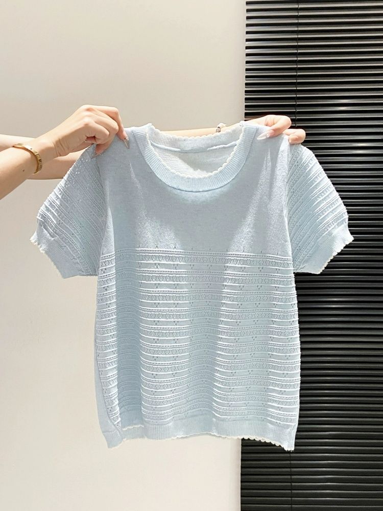 Áo thun nữ tay ngắn dệt kim phối xếp nếp phong cách Hàn Quốc — màu xanh nhạt