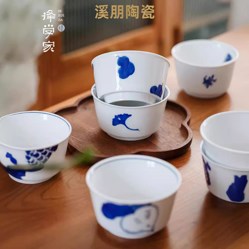 Zexuejia Little Blue Bowl Jingdezhen Hand-Painted Blue and White Household Bowl Set High Temperature Porcelain Dishwasher 5inch Chinese Style
