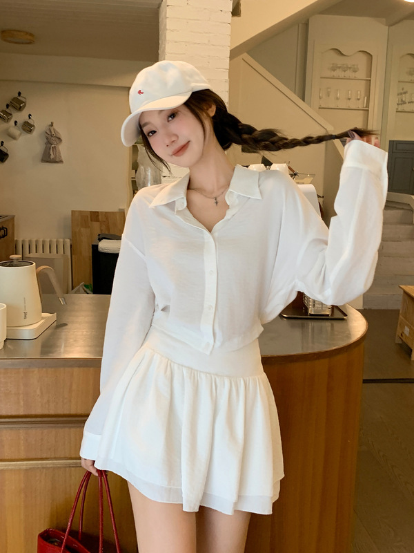 白色POLO领纽扣凉感长袖衬衫女2025年秋季新款高级感褶皱短款上衣|undefined