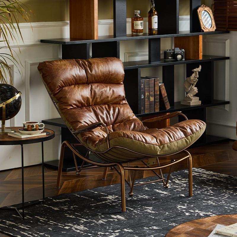 Mecedora de cuero vintage, sofá de piel de cera de aceite, sofá de metal de lujo ligero, estilo antiguo simple, sala de estar, balcón, sillón relajado
