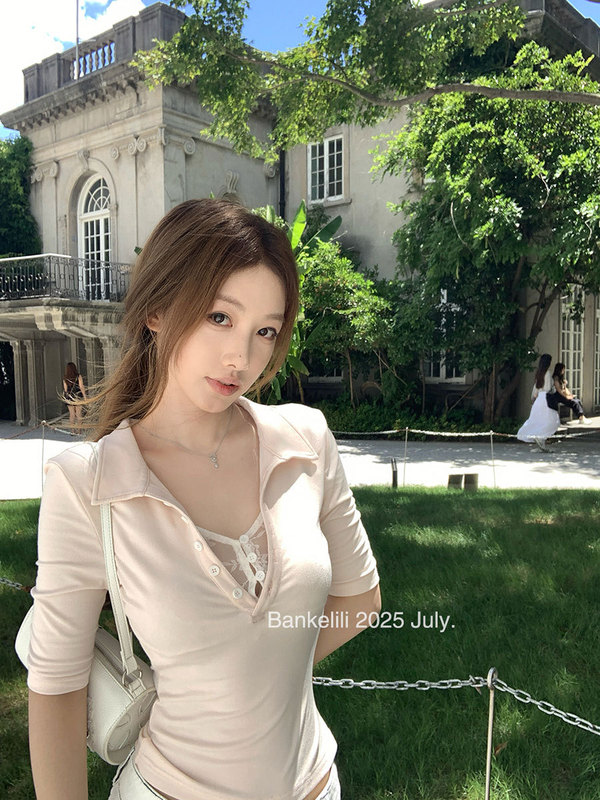 板栗可可Bankelili'纯欲加持'海妖风蕾丝假两件掐腰polo领中袖女|undefined