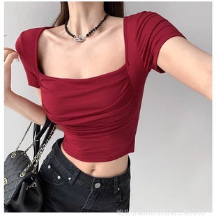 Retro Square Collar Exposed Collarbone Short-Sleeved T-Shirt Summer Pure Lust Sexy Elegant Slim Pleated Slimming Look Top with Breast Pads