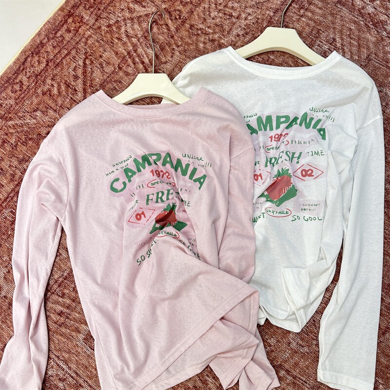 Pink Dopamine Strawberry Long-Sleeve Sun Protection T-Shirt for Women, Summer Loose Versatile Age-Reducing Printed Air Conditioning Cover-Up Top