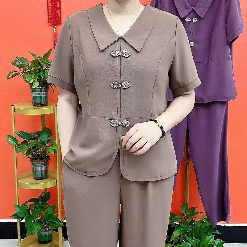 Summer and Autumn New Casual suit Women's Coat Button Square Collar Stitching Top Staggy Waist Wide-leg Pants Elegant Age-reducing Two-piece Set