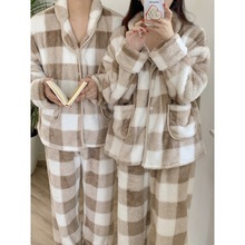 韩国chic女士冬季新款加厚毛毛格子情侣睡衣套装长袖长裤家居服潮