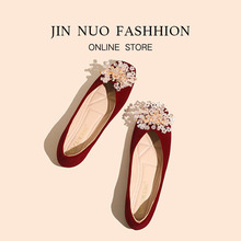 2025新款时尚方头软底百搭绒面单鞋女浅口平底鞋仙女风女红色婚鞋