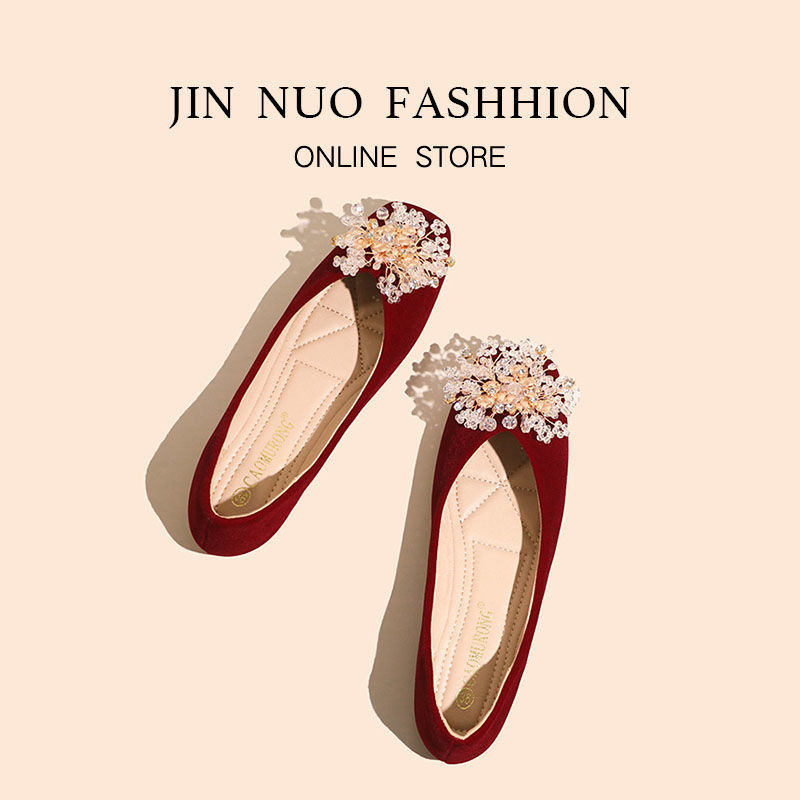 2025 New Fashion Square Toe Soft Sole Easiest for Match Suede Shoes Women's Shallow Mouth Flat Shoes Fairy Style Women's Red Wedding Shoes
