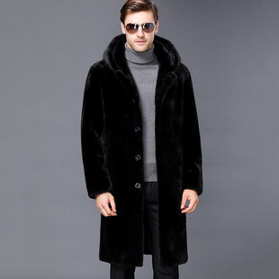 2024 winter new mink coat whole mink men's long hooded mink fur high-grade fur warm coat