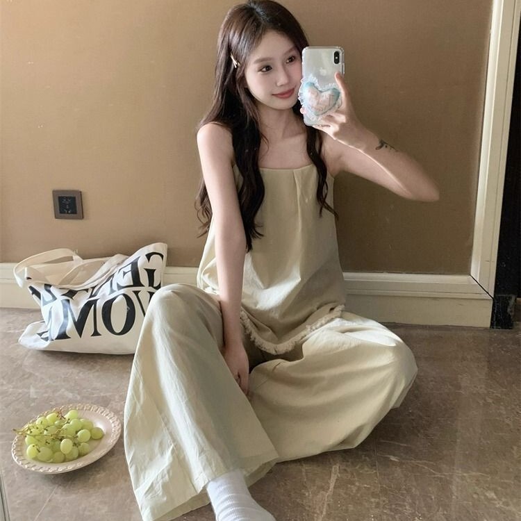 Korean Style Tassel Edge Cloud Cotton Suspender Pajamas for Women Summer Sleeveless Loose Wide-Leg Pants Thin Home Wear Set