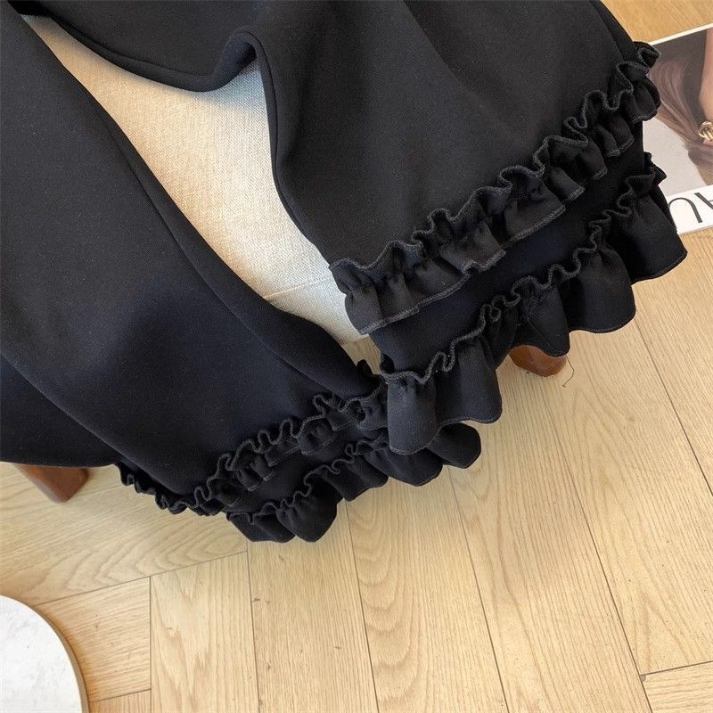 大きいサイズの人気レースパンツ春夏新作ワイドレッグパンツ小柄な人向け黒ゆったり耳付きワイドレッグ9点パンツ|undefined