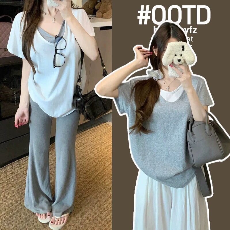 Maternity T-Shirt Summer Wear 2026 Slimming New Style Short-Sleeve Snowflake Cotton Versatile Faux Two-Piece Loose V-Neck Top for Spring and Summer