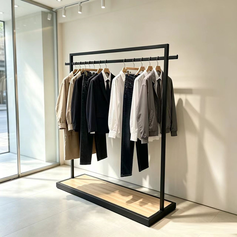 Clothing store display rack, floor-standing clothes rack, men's clothing island rack, women's clothing display rack, single-bar side hanging rack for photography