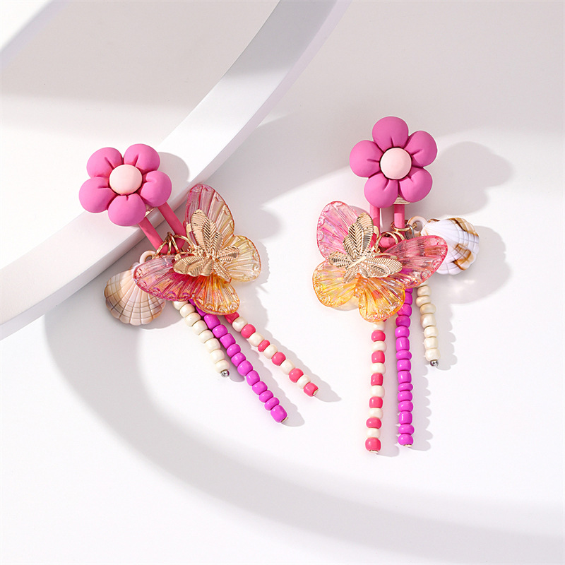 Flower Shell Butterfly Decor Beaded Tassels Exaggerated Earrings display picture 3