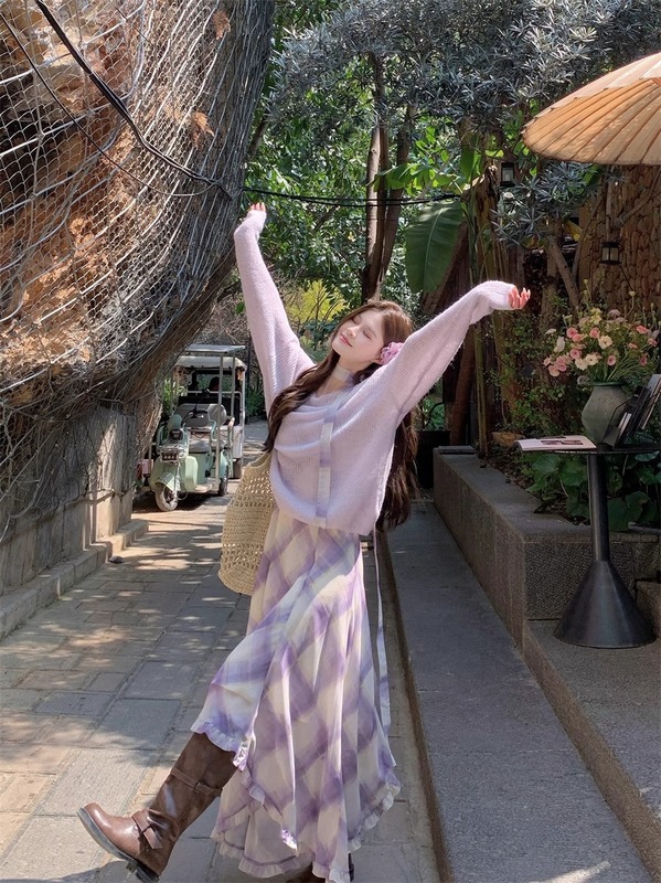 早秋氛围感云南大理丽江川西旅游穿搭紫色系不规则吊带连衣裙子女|undefined