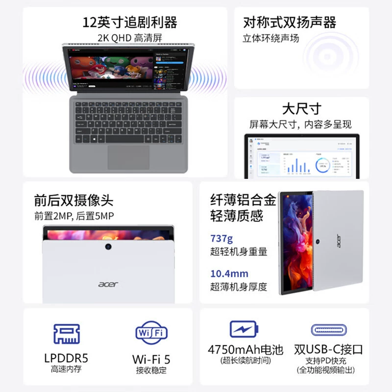 Планшет Acer 2-в-1 12-дюйма с тач‑скрином 2K, WIN11, WIFI6 A520