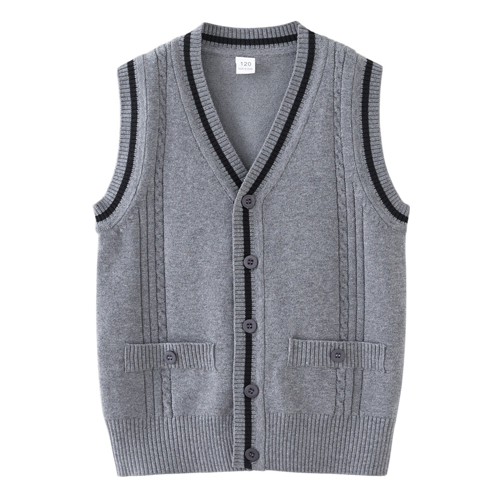 Contraste transfronterizo color giro medio y grande suéter de los niños Chaleco de Bolsillo falso Chaleco de punto de los niños cardigan uniforme escolar de las niñas