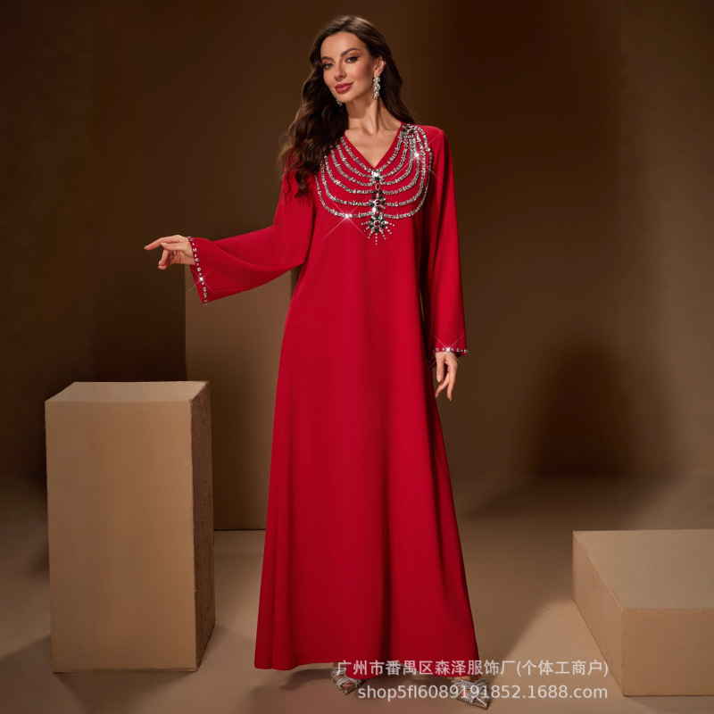 Cross-Border European and American High-End Sexy Hand-Stitched Rhinestone Long-Sleeve Round-Neck Dress, Banquet V-Neck Evening Gown