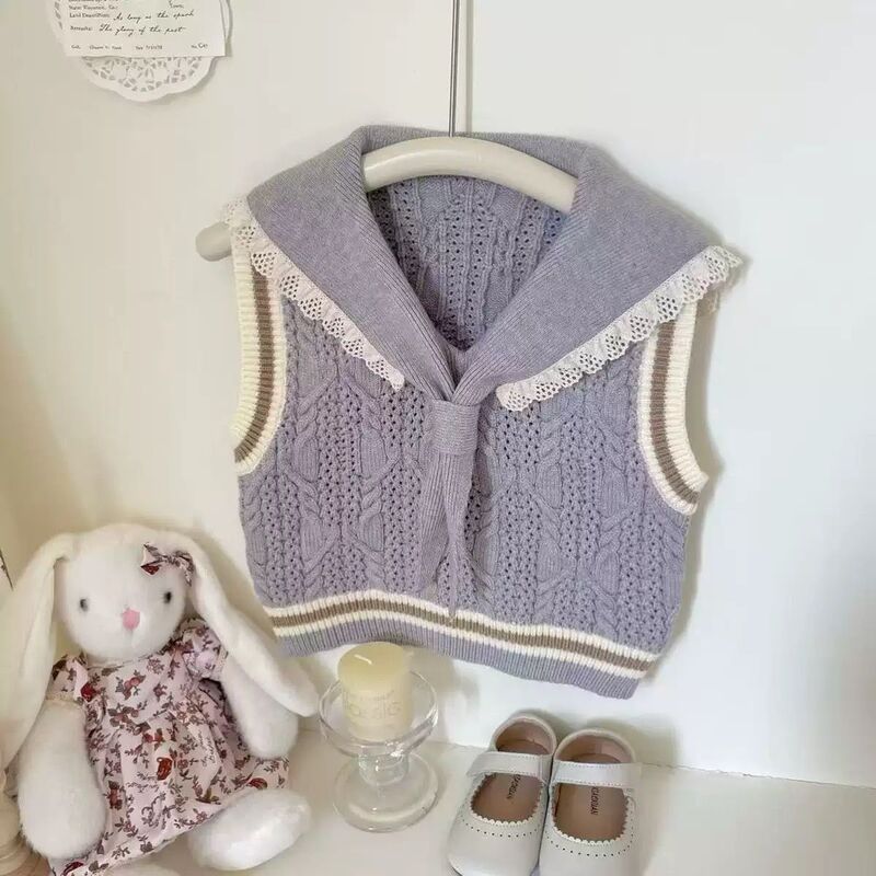 Girls Vest Spring & Fall New Sweet Res Navy Collar Sweater Kidsren's Baby Knitted Vest Blue Purple