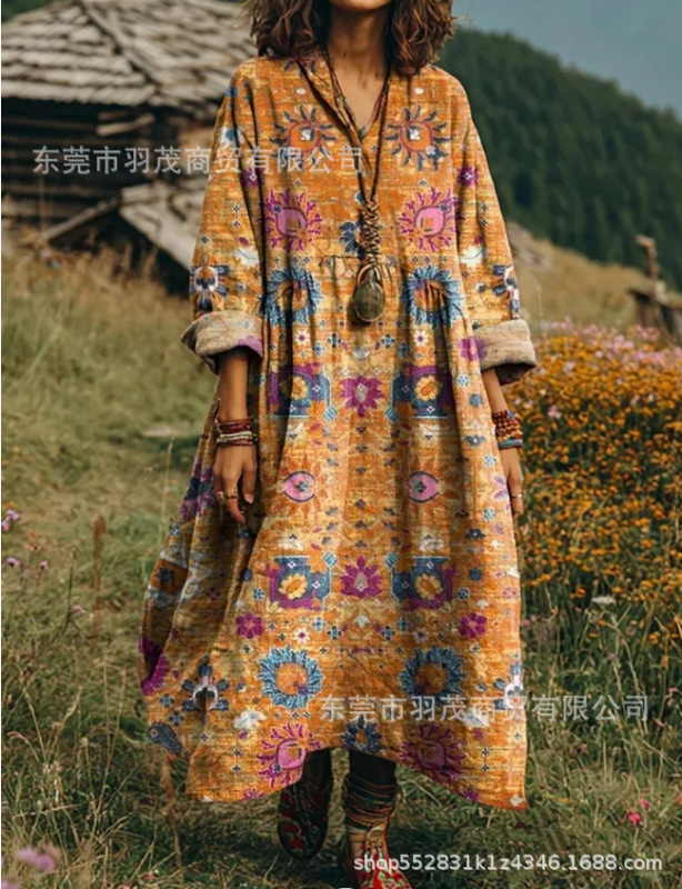 2025新款独立站女式复古花卉艺术图案印花口袋V领口袋连衣裙2|undefined