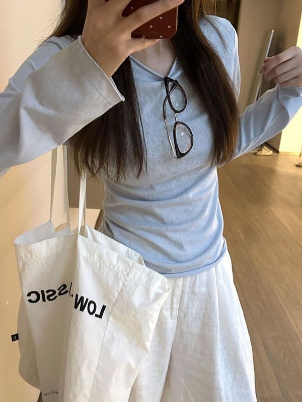 浅蓝色卷边长袖T恤女2025秋季防晒罩衫春秋韩系百搭薄款打底上衣|undefined