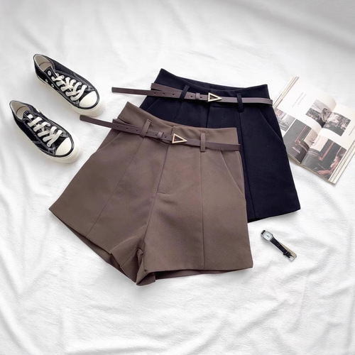 Ladies' Casual Suit Shorts 2025 Spring Korean Style Fashion Versatile High-Waisted Slimming A-Line Wide Leg Pants Trendy Belted